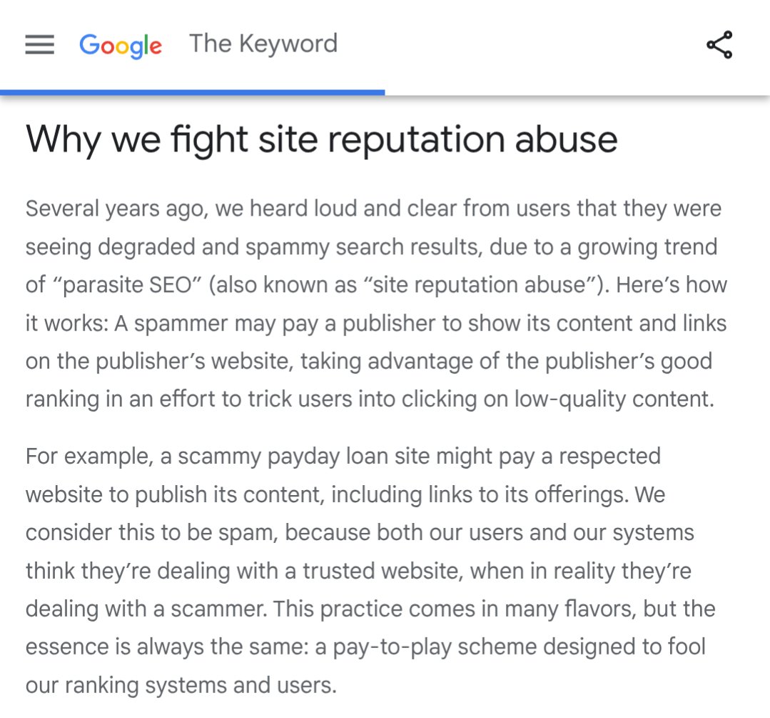 "Why we fight site reputation abuse" says Google - yes you introduced the policy back in March 2024 and did manual actions too!
But all those are back in results now and there isn't any actual enforcement of policy now. Site Reputation abusing pages are ranking everywhere 🙂