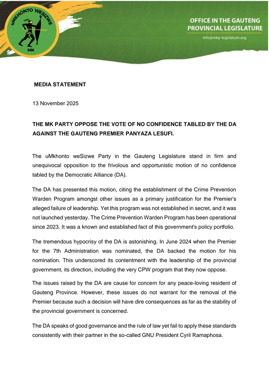 MKPgpl's tweet photo. Media Statement

MK Party opposes the vote of no confidence motion tabled by the DA against Gauteng Premier Panyaza Lesufi https://t.co/74MB6NIMcN