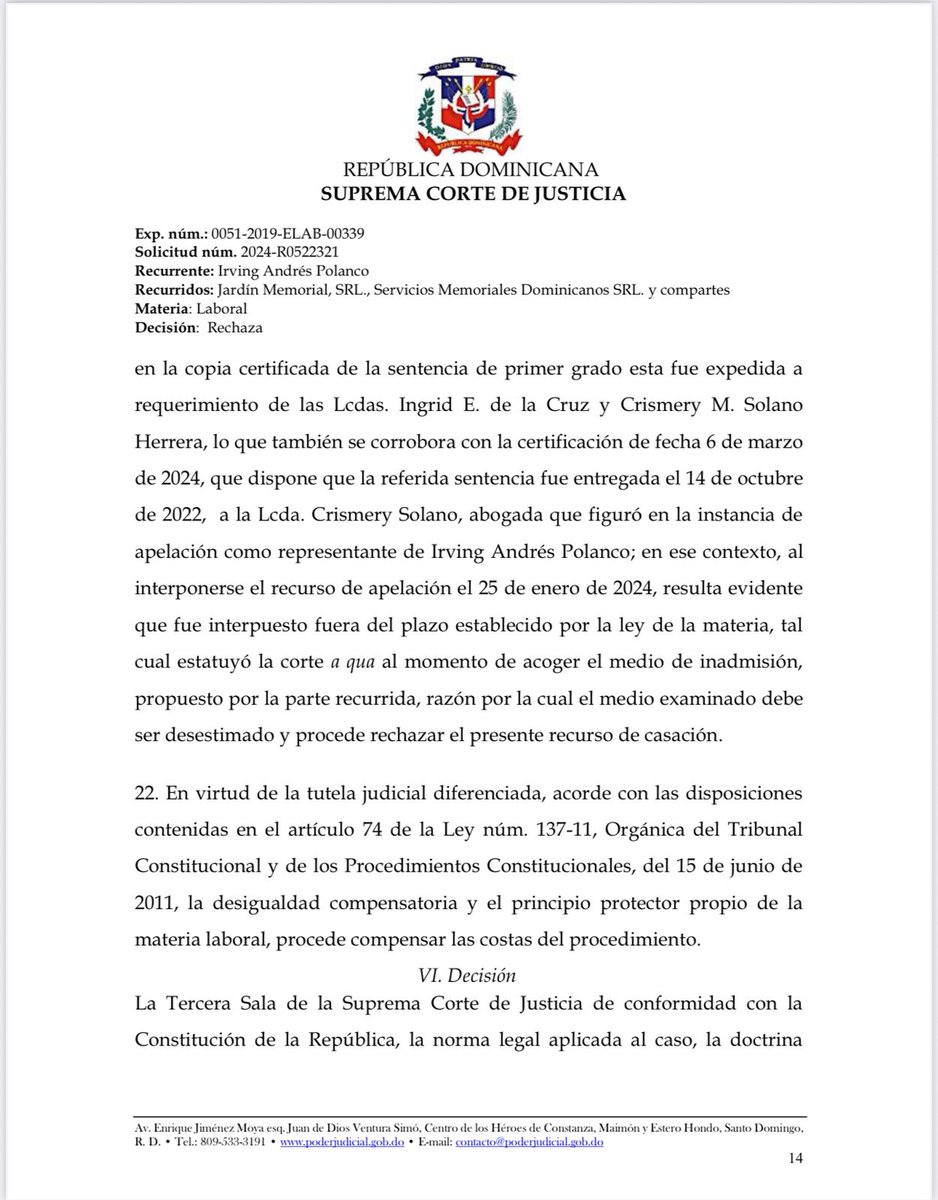 FJimenezRD's tweet photo. Validez de notificación de sentencia mediante retiro. Si bien el TC ha fijado una postura en cuanto a la validez de la notificación de sentencia, señalando que debe realizarse a la persona o al domicilio de la parte, dicha posición versa sobre la viabilidad de los procesos constitucionales que le apoderan, no así respecto de los procesos de la naturaleza del que nos ocupa (recurso de apelación contra una sentencia laboral). Por lo que, conforme a la doctrina jurisprudencial instituida, el cómputo del plazo debe realizarse a partir del momento en que la recurrente tuvo conocimiento de la sentencia. Factum: abogado que señala que el retiro de la sentencia que este formuló no podía tomarse en cuenta para retener la extemporaneidad del recurso de apelación, pues el TC recientemente rindió una decisión señalando que la notificación de la sentencia debe realizarse mediante un acto de alguacil a la persona o al domicilio de la parte.
