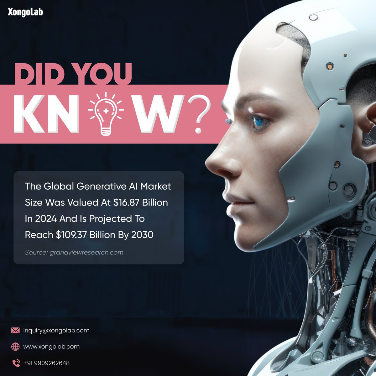 XongoLab's tweet image. Generative AI is no longer the future—it’s reshaping industries today. From content creation and design to recruitment and #softwaredevelopment, businesses adopting #GenerativeAI early gain a huge competitive edge.

Are you ready to embrace AI-driven innovation?
.
.
#Technology