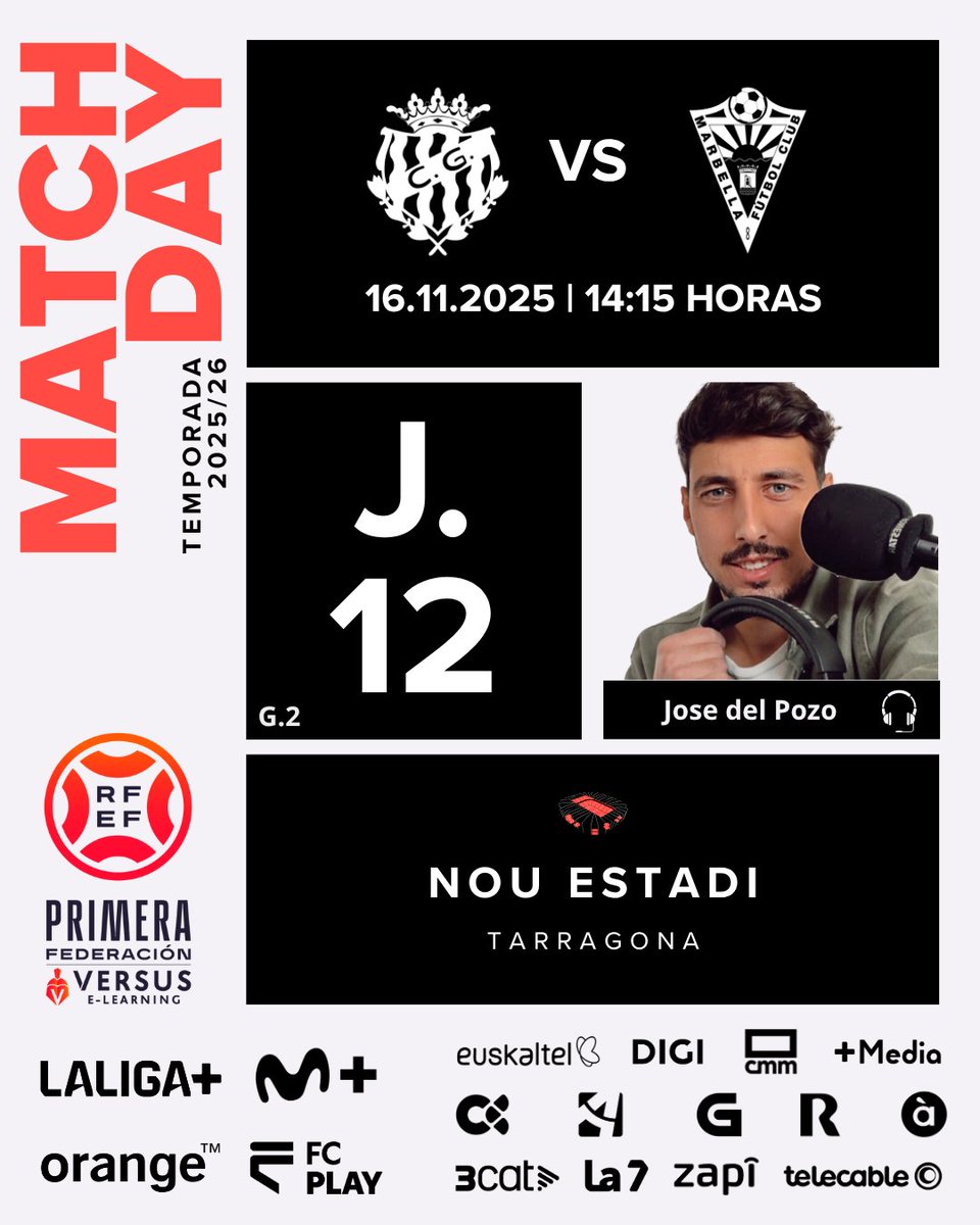 🎙️⚽ El domingo (16/11) a las 14:15h pongo voz al duelo del #GII.

📌 #J12 | ⚽️ <a href="/Primera_RFEF/">Primera Federación Versus e-Learning</a>
<a href="/NASTICTARRAGONA/">NÀSTIC DE TARRAGONA</a> 🆚 <a href="/marbella_fc/">Marbella FC</a> 
🏟️ Nou Estadi Costa Daurada

El Marbella estrena nuevo técnico ante un Nastic que busca hacerse fuerte en casa.

#PrimeraFederación | #VersusELearning