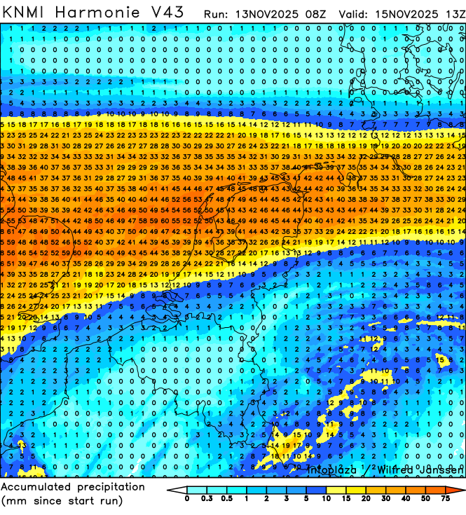 Mogelijk morgen en in de nacht naar zaterdag met name in Groningen Friesland en Drenthe en in delen van Overijssel tussen de 45 en 50 mm.
