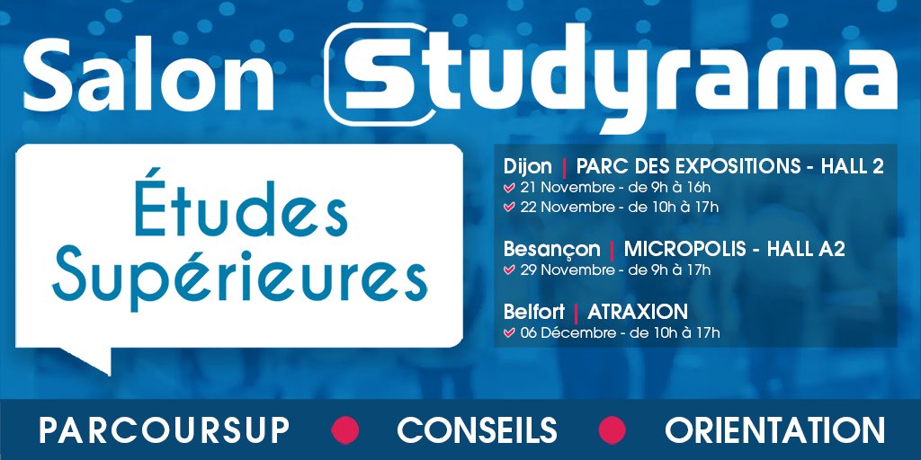 infojeunesbfc's tweet image. [ #études | #orientation | #métiers ]
Comme chaque fin d'année, @studyrama  vous donne rendez-vous dans 3 villes de la région Bourgogne Franche-Comté : #Dijon , #Besançon et #Belfort pour ses salons des études supérieures.
Présentation 👇
jeunes-bfc.fr/les-salons-stu…