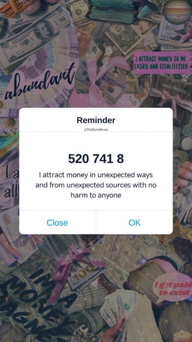 day 10 of manifesting UNEXPECTED MONEY 🤑 

✨ 520  741  8 ✨ 

top tip: focus on this code for 5 mins every morning!