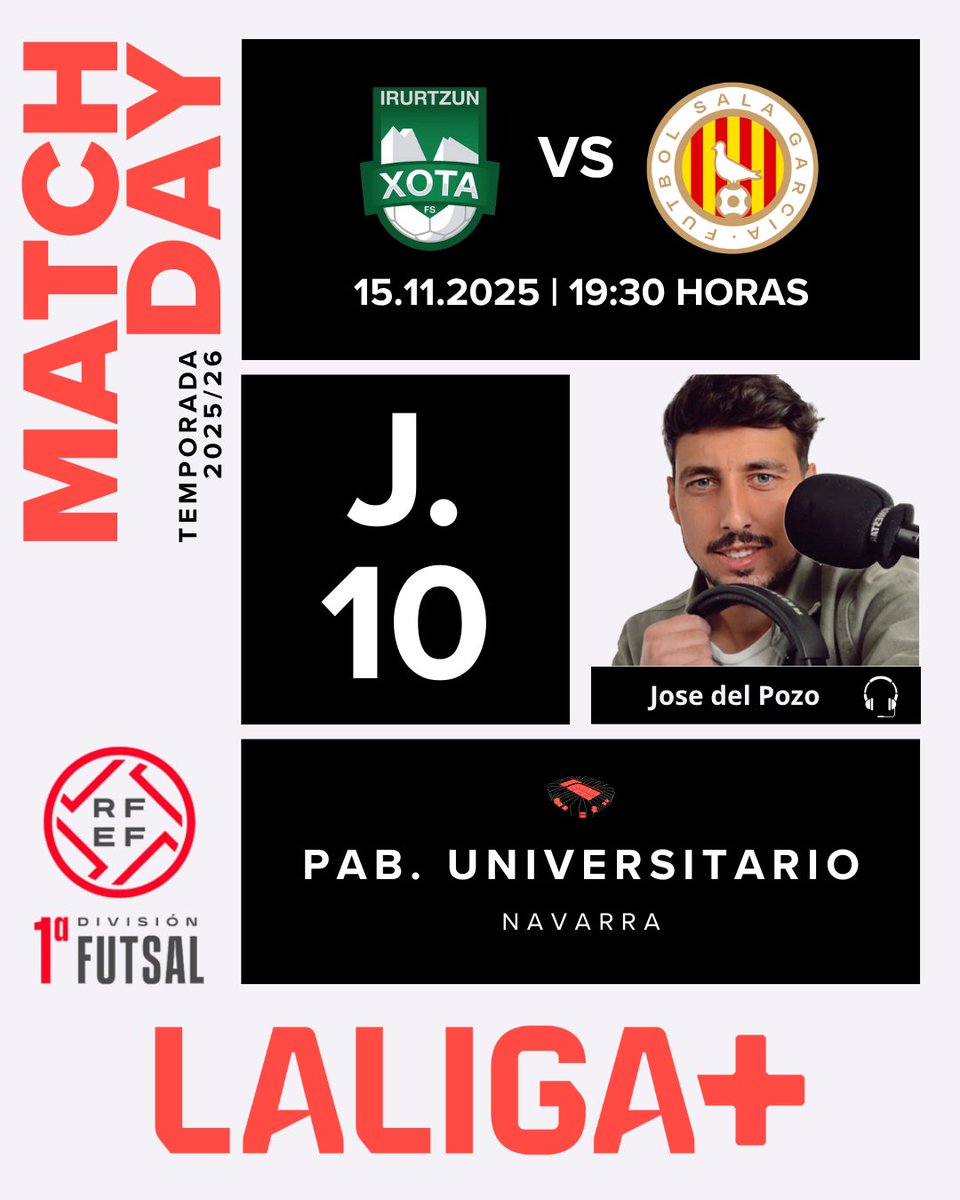 🎙️⚽ Este sábado (15/11), nueva cita con la emoción de la #PrimeraDivisiónFS.

📌 #J10 | ⚽️ @FutsalRFEF
<a href="/CDXOTA/">OSASUNA MAGNA</a> 🆚 <a href="/fsalagarcia/">Industrias Santa Coloma</a> 
🏟️ Pab. Universitario de Navarra
🕢 19:30 h
📺 <a href="/LaLigaPlus/">LALIGA+</a>

Duelo entre dos equipos con ganas y oficio. 

#FutsalRFEF | #OsasunaMagnaSC