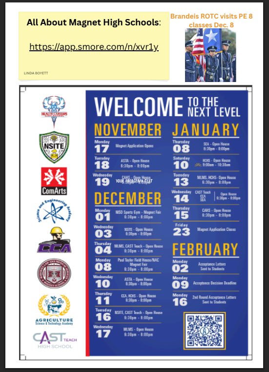 Skyhawks make sure and look at all the important dates coming up – magnet visits, Brandeis Counselor’s, Brandeis tour, ROTC. #skyhawkpride <a href="/NISDStinson/">Stinson MS NISD</a>