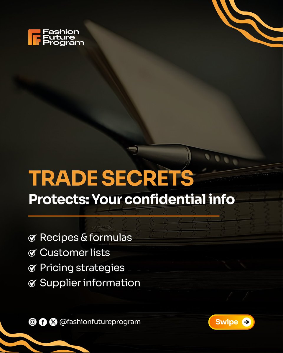 fashionfuturep's tweet image. From trademarks to copyrights and patents, IP is how you secure your creativity and claim what’s yours.
Protect your ideas before someone else profits from them. 
#FashionFutureProgram #BrandProtection #EntrepreneurTips