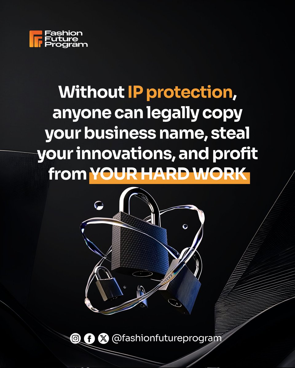 fashionfuturep's tweet image. From trademarks to copyrights and patents, IP is how you secure your creativity and claim what’s yours.
Protect your ideas before someone else profits from them. 
#FashionFutureProgram #BrandProtection #EntrepreneurTips