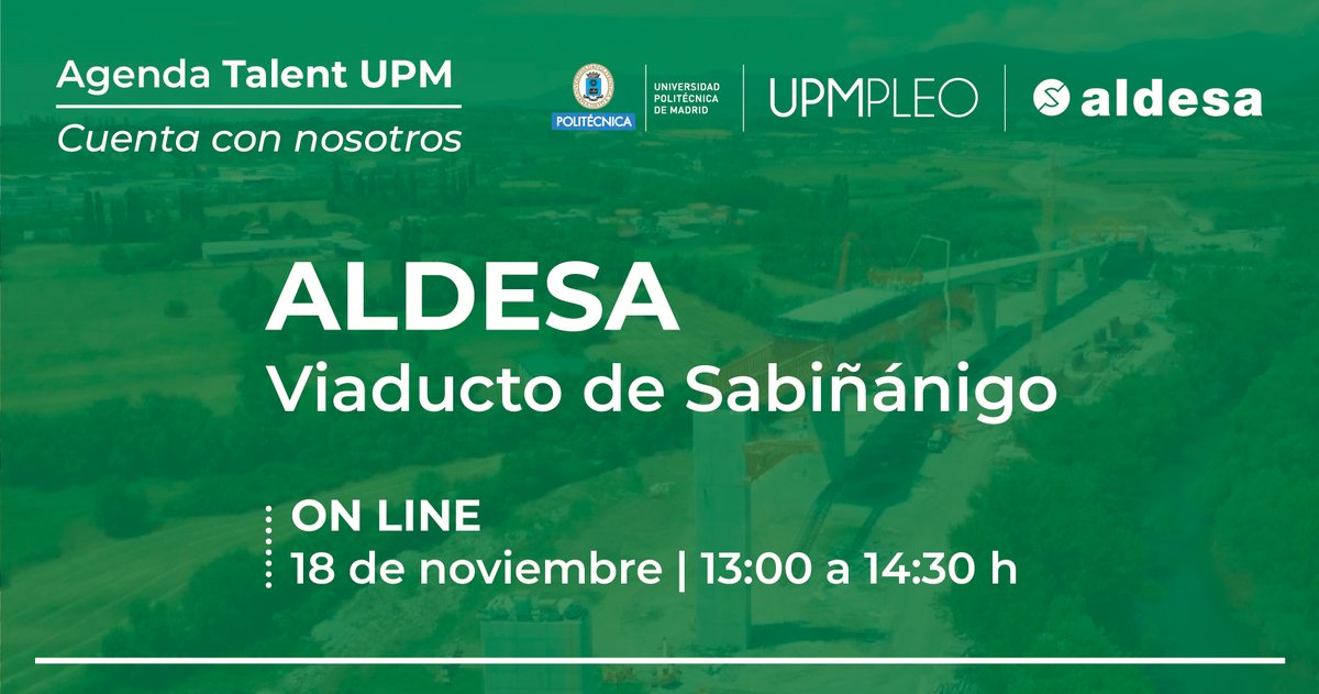💼 Agenda Talent UPM

ALDESA ENGINEERING invita a los futuros ingenieros de la UPM a conocer el desafío técnico y humano detrás del Viaducto de Sabiñánigo.

ZOOM, 18 de noviembre de 13:00 a 14:30h

🔗 short.upm.es/zycnm

#upmpleo #EmpleoUPM #talentupm #somosUPM #ALDESA