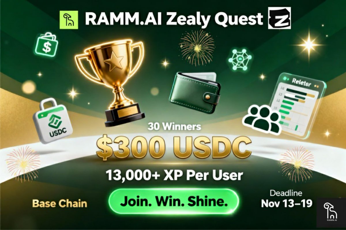 RAMMagentic's tweet photo. 🎯 RAMM ZEALY QUEST - LIVE NOW! 🎯

💰 $300 USDC Prize Pool
⚡️ 13,000+ XP to Earn  
⏰ 7 Days Only (Nov 13-19)

🏆 Top 10 share $200
🎲 20 lucky raffle winners × $5 each

Complete quests → Earn XP → Win USDC 💸

Start earning NOW 👇
https://t.co/3LPq9KK8I5

#RAMMAI #Web3 #Zealy #Airdrop #CryptoRewards #AI #EarnCrypto