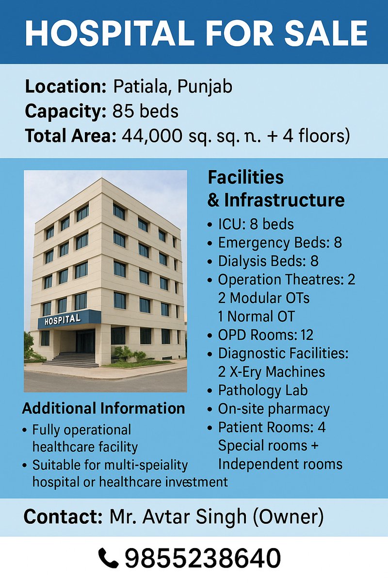 DocPlacements's tweet image. Hospital for Sale – Patiala, Punjab

Contact:
Mr. Avtar Singh (Owner)

📞 9855238640

Contact : Mr. Mohit
9216 999 555
7837 780 722
Doctors Placements

#HealthcareConsultant
🔻 #HospitalAcquisition
🔻 #HealthcareExpansion
🔻 #HospitalSale
🔻 #HospitalPurchase