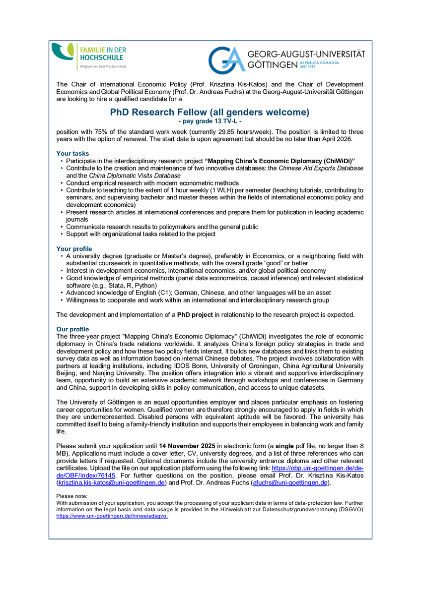 fuchs_andreas's tweet photo. 🚨LAST CALL: We hire a PhD Research Fellow (75%, TV-L 13) for the ChiWiDi – Mapping China’s Economic Diplomacy project at U Göttingen. Work on cutting-edge data. 📅 Apply by 14 Nov 2025 (tomorrow!). 🔗 More info: https://t.co/FLgr7joBsO. #EconJobs @FeichengWang @cemeas_unigoe https://t.co/DRuPz4ShNU