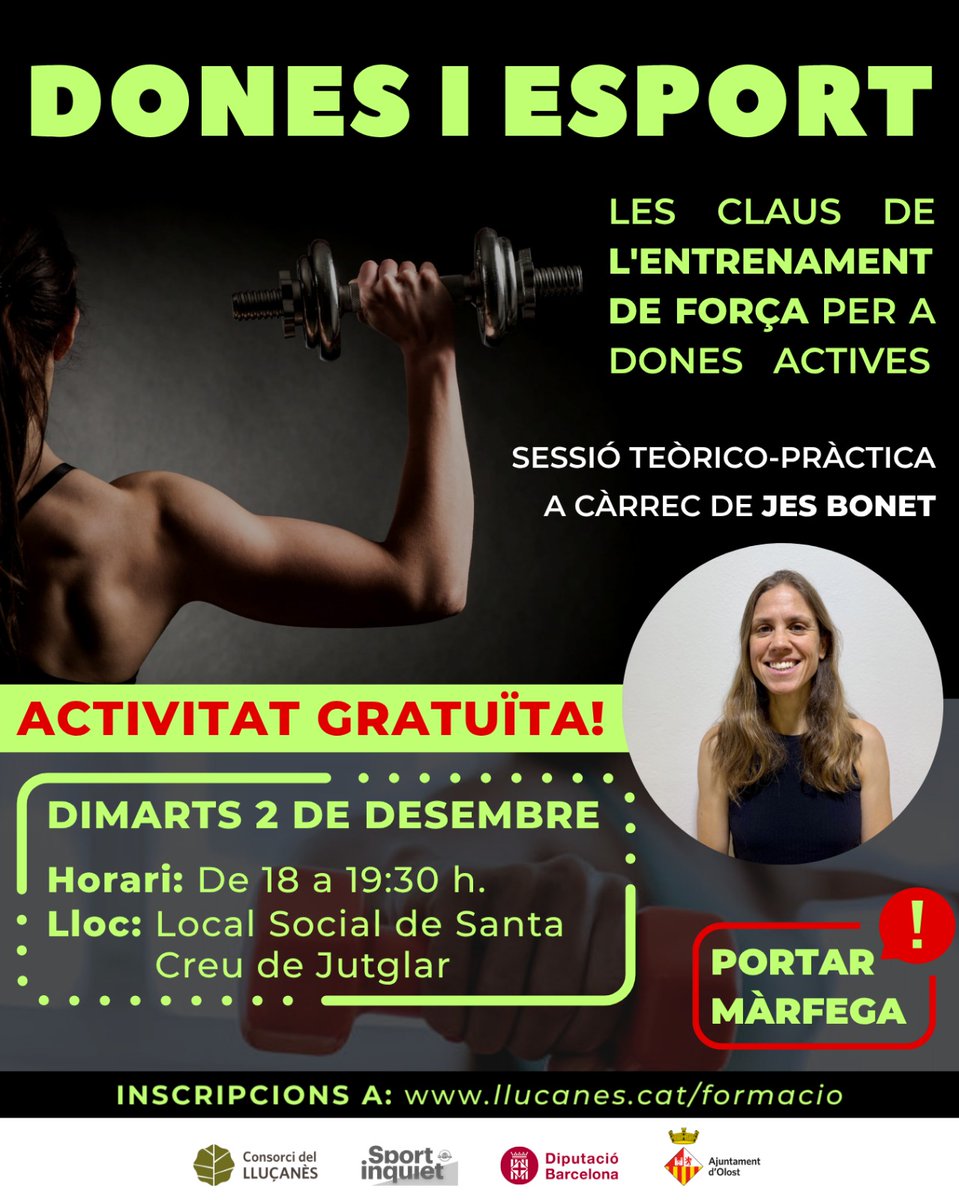 🏋️‍♀️ Descobreix les claus de l’entrenament de força per a dones actives amb Jes Bonet, Llicenciada en CAFE i Doctora en Biomedicina.

🔹 Dimarts 2 de desembre
🕕 De 18 a 19.30h
📍 Local Social de Santa Creu
💸 Activitat gratuïta

🔗 Inscripcions:  docs.google.com/forms/d/e/1FAI…

#Lluçanès