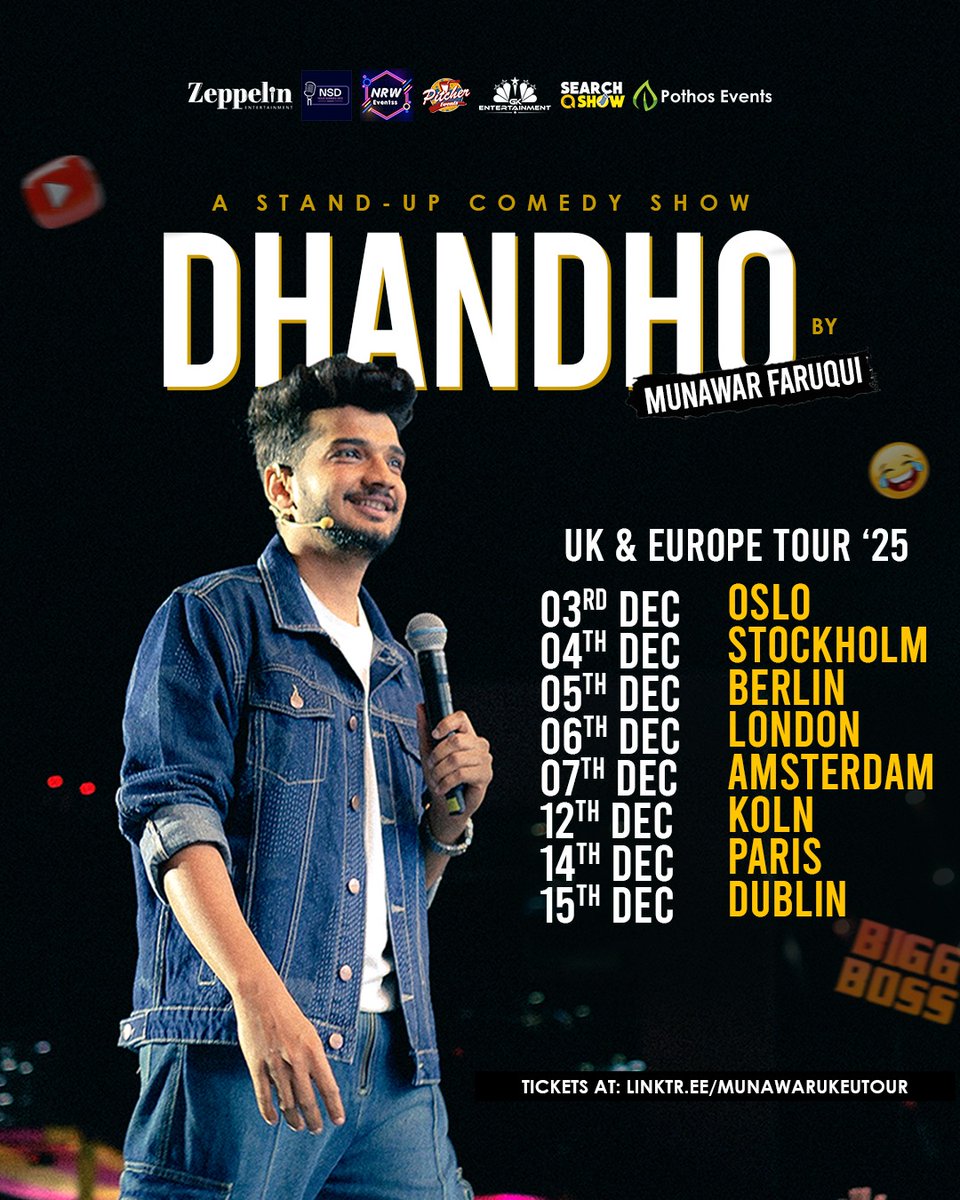 ZeppelinEU's tweet image. DHANDHO is coming to the UK &amp;amp; EU! 🔥
Get ready for some laughs with @munawar0018  this December '25!
🗓️ Catch him in Oslo, Stockholm, Berlin, London, Amsterdam, Cologne, Paris, and Dublin!
🎟️ Tickets: linktr.ee/munawarukeutour

 #Dhandho #EU #UK #MunawarFaruqui