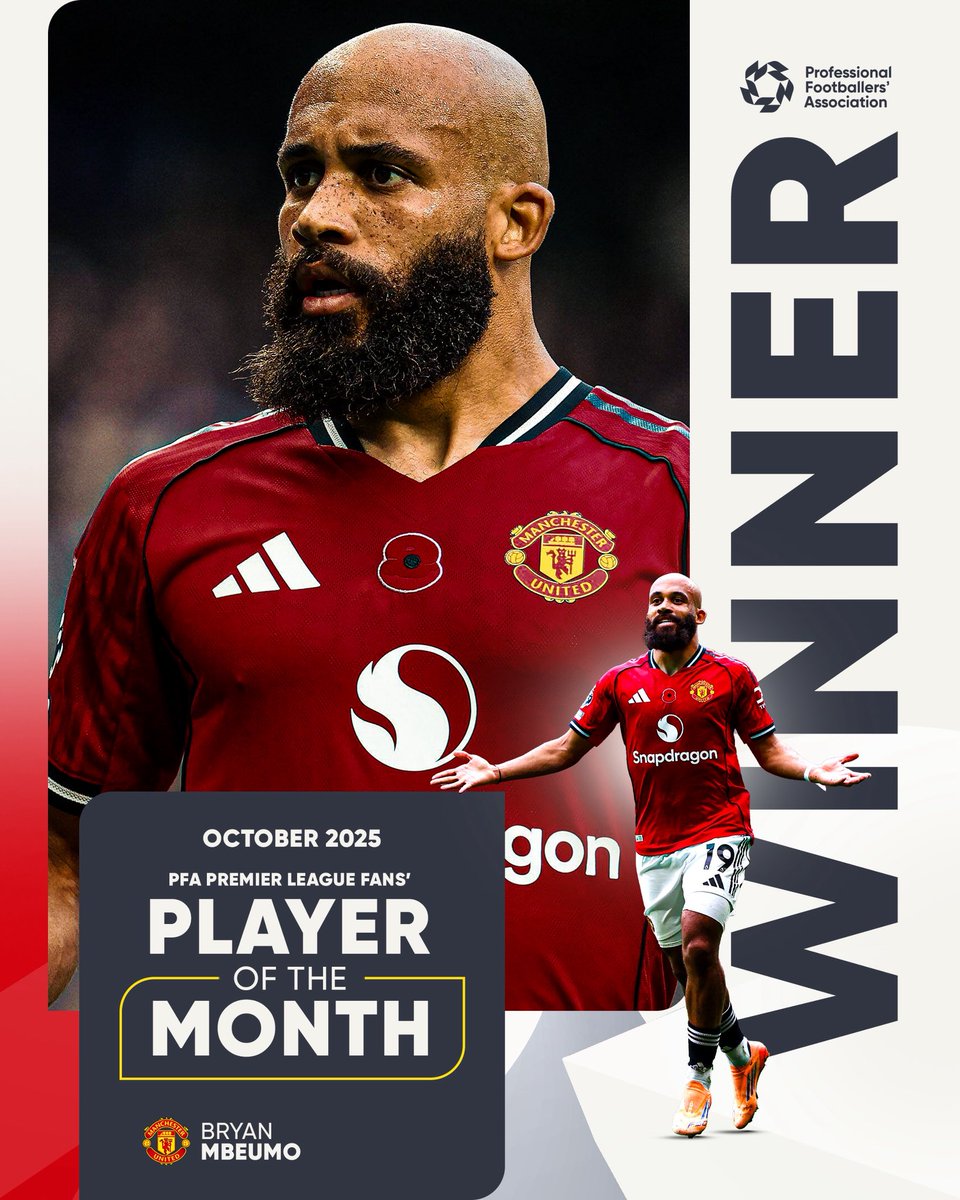 The Red Devils’ driving force in a magical month 🔥

Manchester United’s Bryan Mbeumo is your PFA Premier League Fans’ Player of the Month for October 🏆
