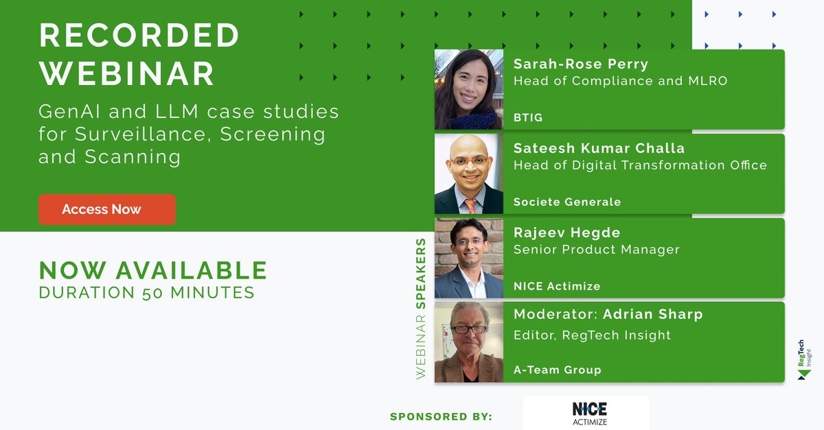 RegTechInsight's tweet image. Did you miss yesterday&apos;s webinar discussion on &apos;GenAI and LLM case studies for Surveillance, Screening and Scanning&apos;? 

No worries - the recording is now available: eu1.hubs.ly/H0pzTV90

#GenAI #LLMs #compliance #surveillance #screening @SocieteGenerale @NICE_Actimize
