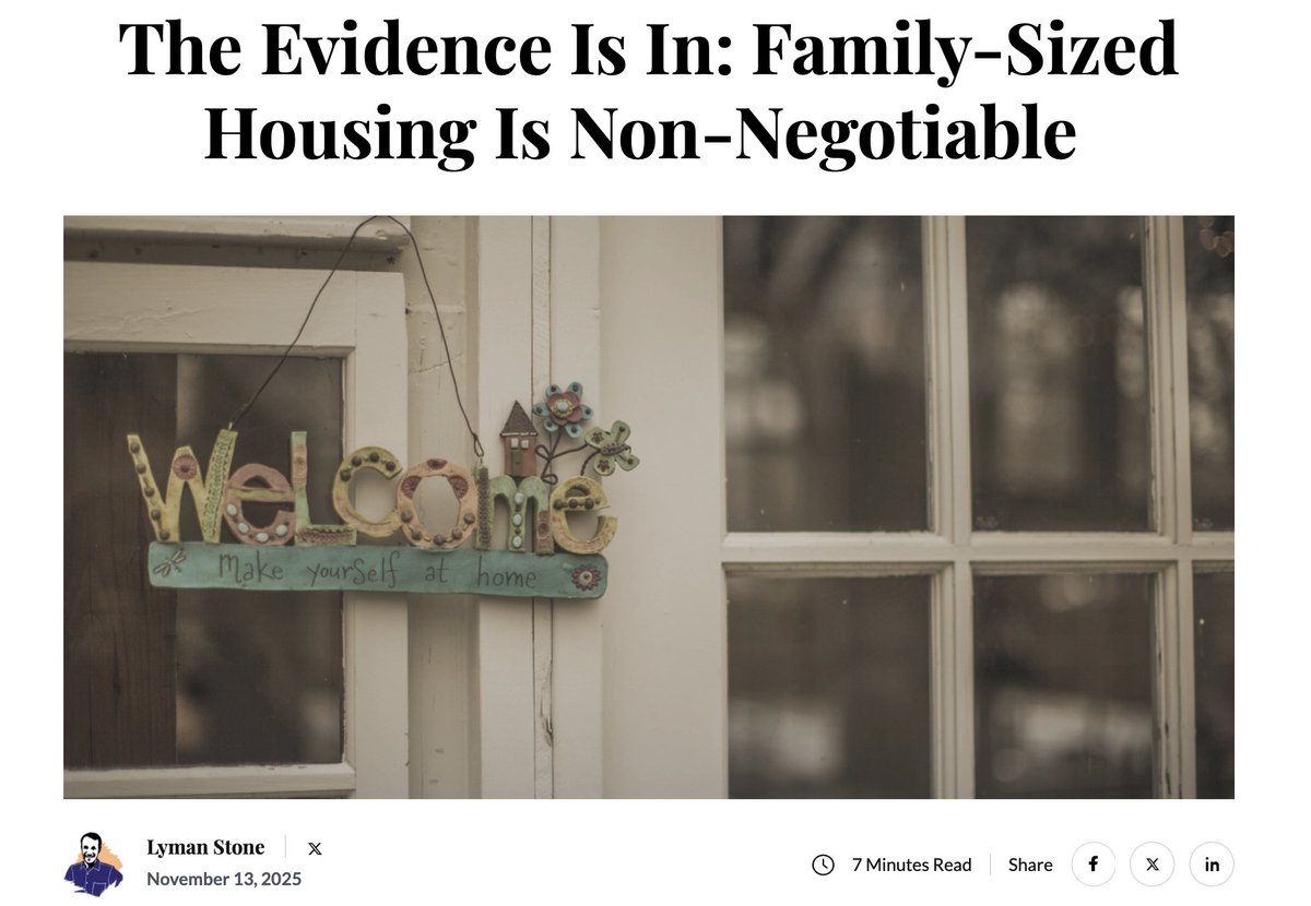 More Evidence that America Needs More Family-Friendly Housing

A new study proves that building more family-friendly housing can jumpstart family formation far more effectively than just building tons of small apartments, reports <a href="/lymanstoneky/">Lyman Stone 石來民 🦬🦬🦬</a>