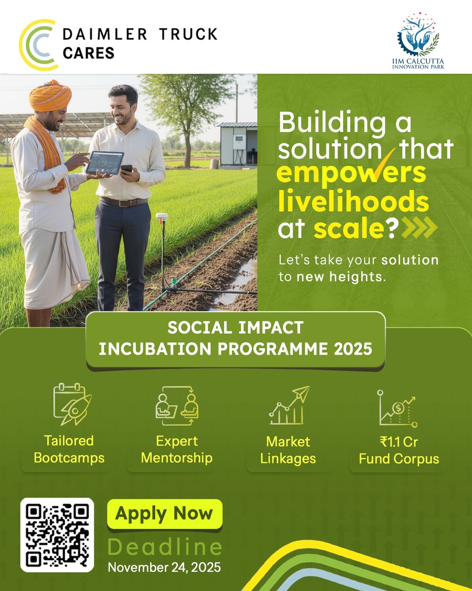 IIMCIP's tweet image. Building solutions that uplift livelihoods? Let’s work together to scale your impact.

Join the Social Impact Incubation Programme 2025 is calling changemakers and entrepreneurs who are ready to make a real difference. 

Applications : iimcip.com/siip-daimler/ until November 24.