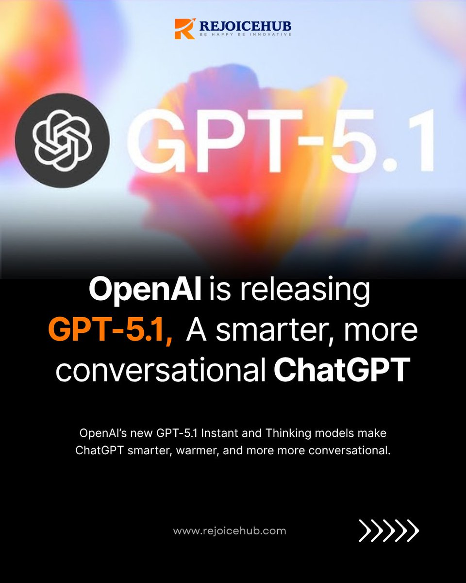 Rejoicehub's tweet image. 🚀 OpenAI just dropped GPT-5.1, smarter, warmer, and more human than ever!
.
.
#rejoicehubllp #GPT51 #OpenAI #ChatGPT #ArtificialIntelligence #TechUpdate #AIRevolution #AIInnovation #FutureOfAI #NextGenAI #OpenAINews #SmartAI #AIThinking #ExplorePage #LatestUpdate #AITech