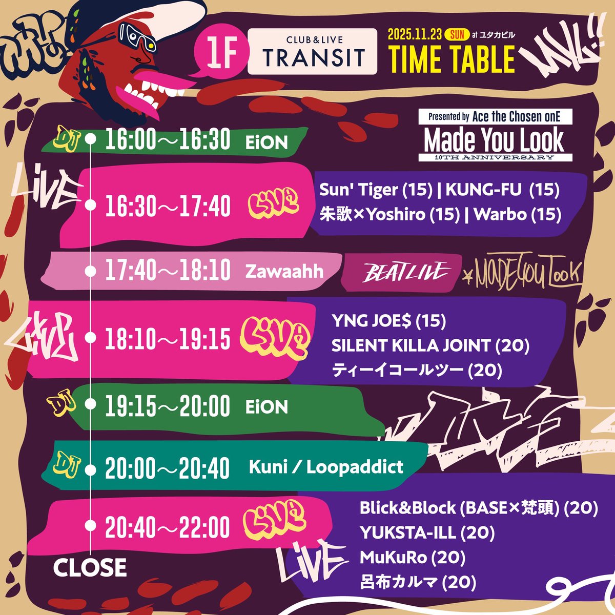 MADE YOU LOOK 10周年
タイムテーブル公開しました

チケットは⇩⇩
passmarket.yahoo.co.jp/event/show/det…

皆で祝い倒しに来てくださいな