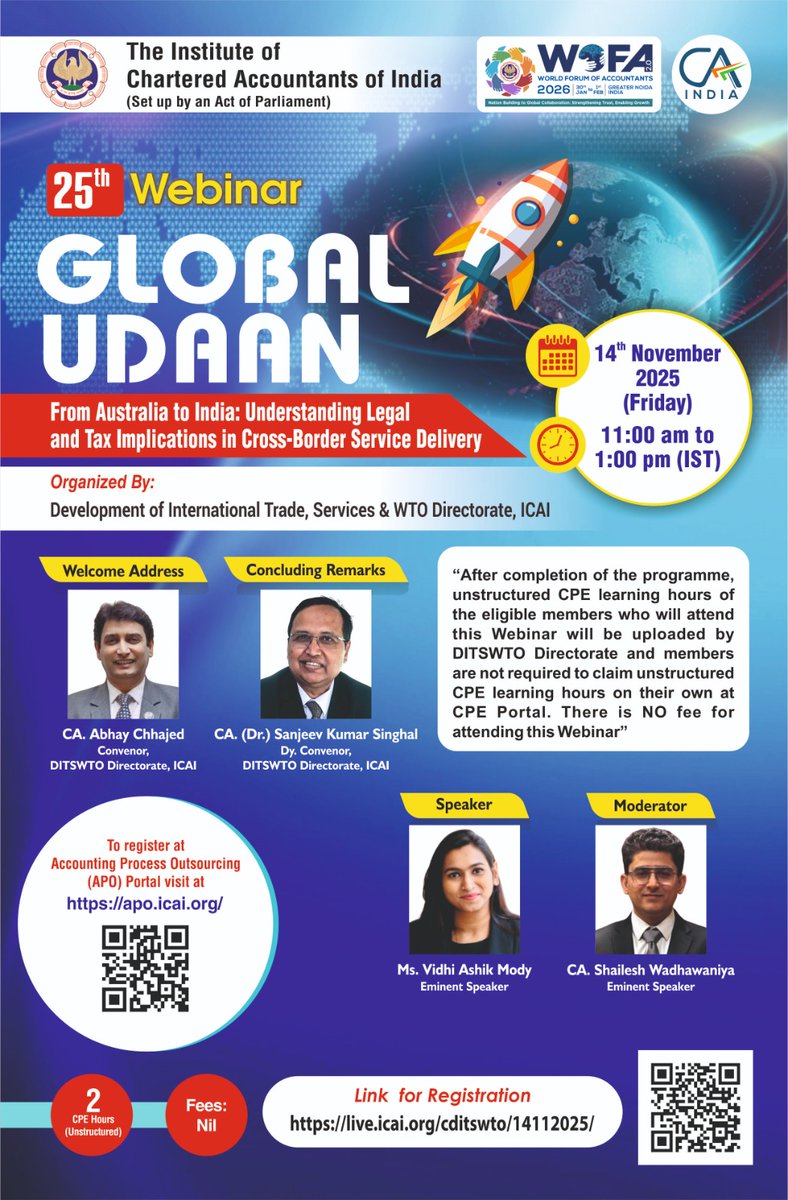 Join us at Global Udaan Series- 25 : Webinar on "From Australia to India: Understanding Legal and Tax Implications in Cross-Border Service Delivery”  on  14th Nov, 2025,  Friday,  11.00 am - 01.00 pm (IST), being organised by <a href="/ditswtoicai/">Development of International Trade, Services & WTO</a> <a href="/theicai/">Institute of Chartered Accountants of India - ICAI</a> 

Link: live.icai.org/cditswto/14112…