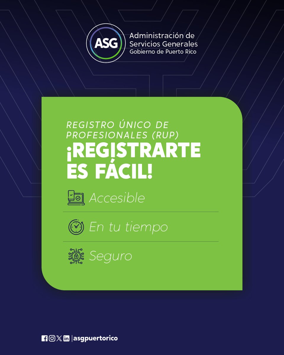 ¿Ofreces servicios profesionales al Gobierno de Puerto Rico? 🇵🇷
Regístrate en el Registro Único de Profesionales (RUP) y cumple con la Ley 73-2019.
Centraliza tus documentos y facilita la contratación 👉 asg.pr.gov
#ASGComunicando #RegístrateRUP