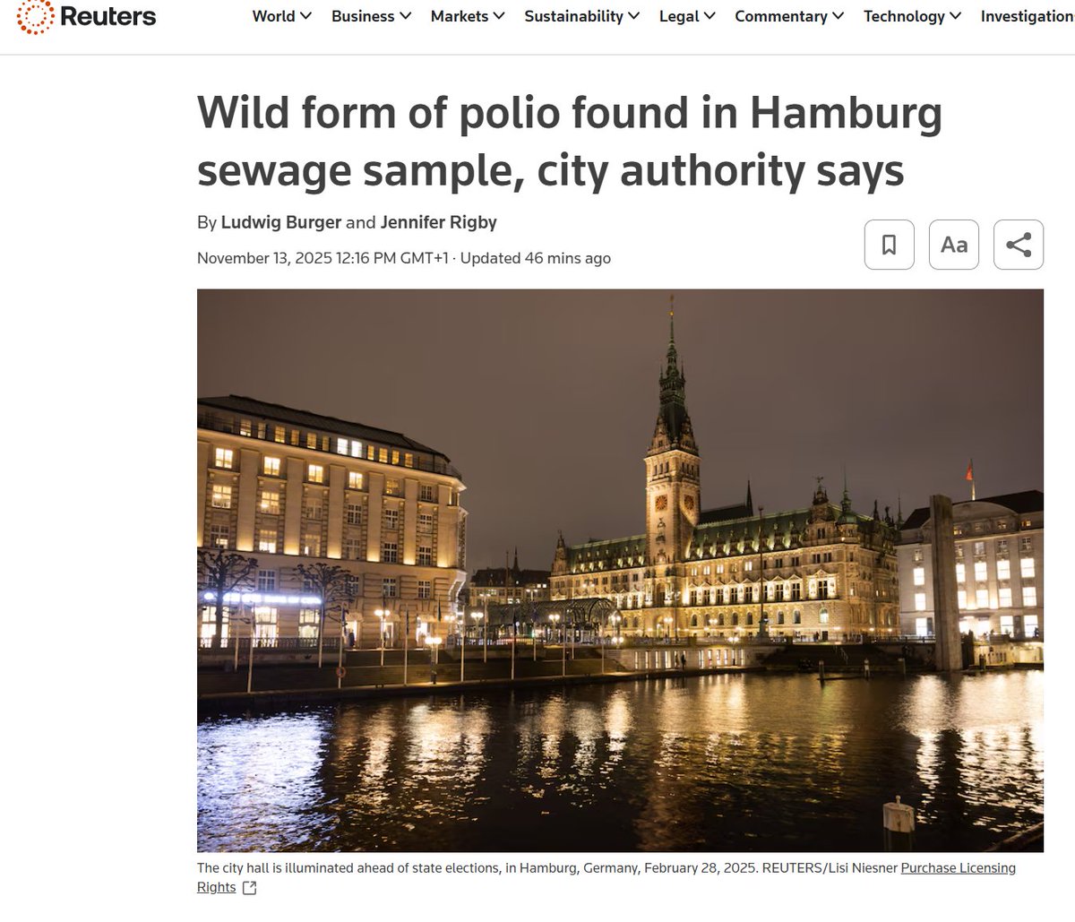 RobertoBurioni's tweet image. Una notizia molto preoccupante: è stato trovato il virus della poliomielite (il virus selvaggio, non il virus del vaccino) nelle fogne di Amburgo. Appena posso edizione speciale di un post Substack. Niente panico, ma è una PESSIMA NOTIZIA.