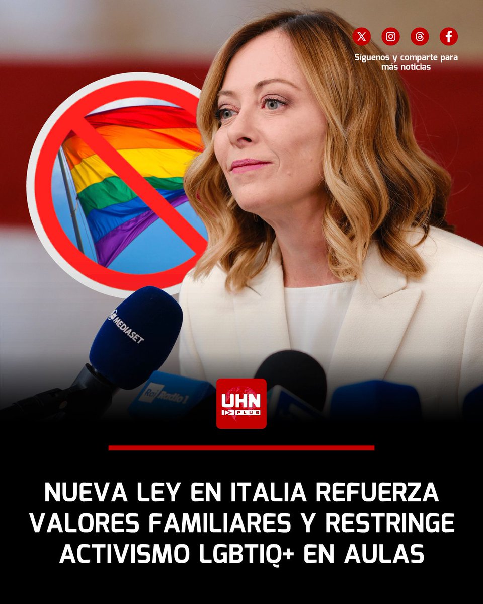 🇮🇹👏🏻‼️ | EXCELENTE — El Parlamento italiano aprobó, bajo el gobierno de Giorgia Meloni, una ley que restringe la difusión de contenido LGTB+ en colegios públicos y refuerza el control parental sobre la educación sexual. 

La norma prohíbe el “relativismo de género” en etapas