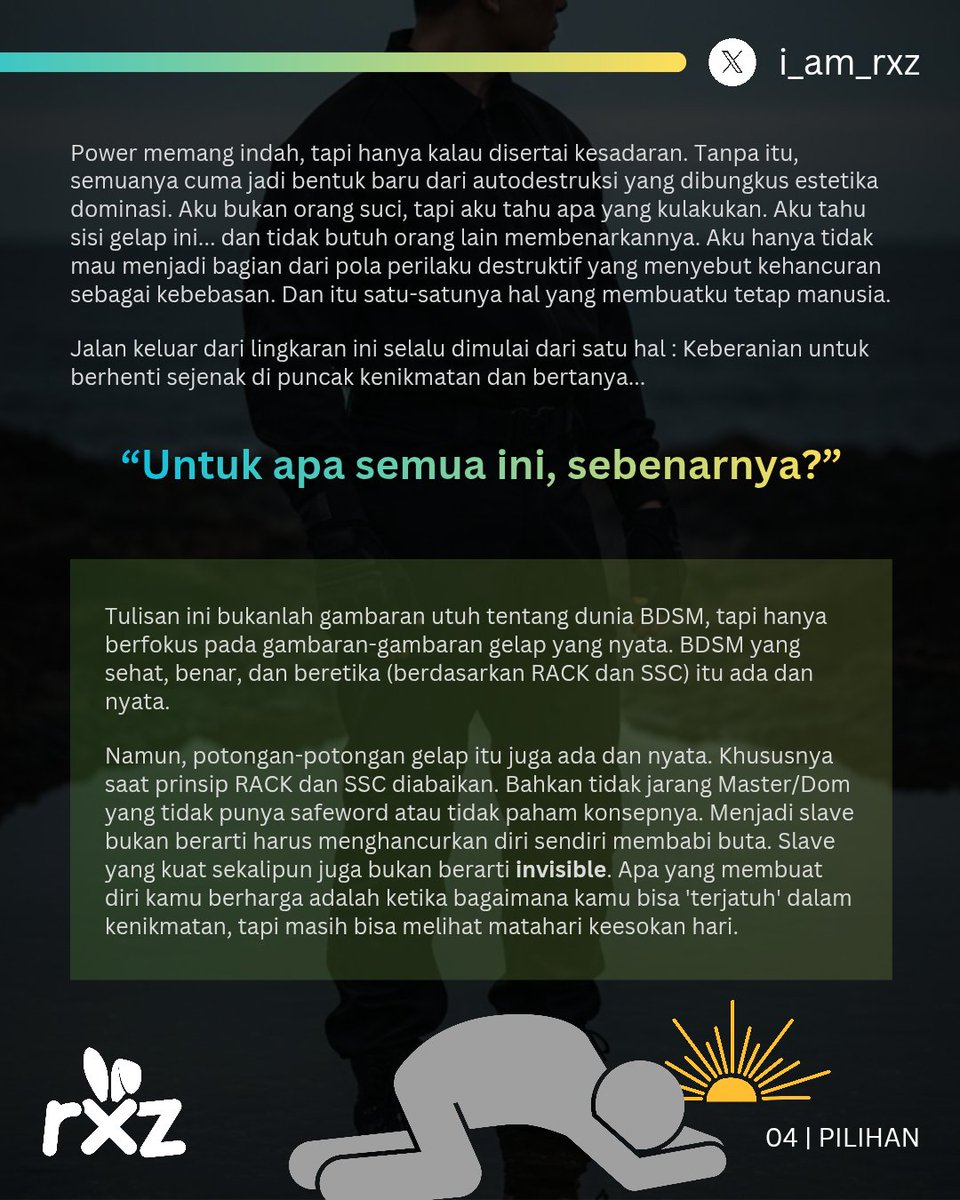 i_am_rxz's tweet photo. Ada fetish yang bisa sembuh. Ada fetish yang merusak organ permanen. Kalau kamu sengaja menuju kehancuran fisik... apa yang kamu kejar? Nikmat? Validasi? Atau... kematian perlahan di usia muda tanpa sadar yang dimulai dari fantasy? https://t.co/af2X4JBRmy