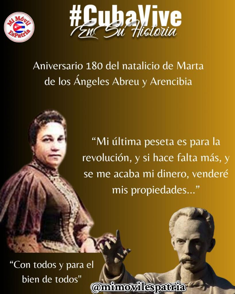 En 1845 nace Marta Abreu de Estévez, quien hizo la mayor donación monetaria que se conoce a los fondos de la Revolución organizada por José Martí en 1895.
"Mi última peseta es para la revolución..."
"Con todos y para el bien de todos"
#CubaViveEnSuHistoria #CubaMined #PinardelRío
