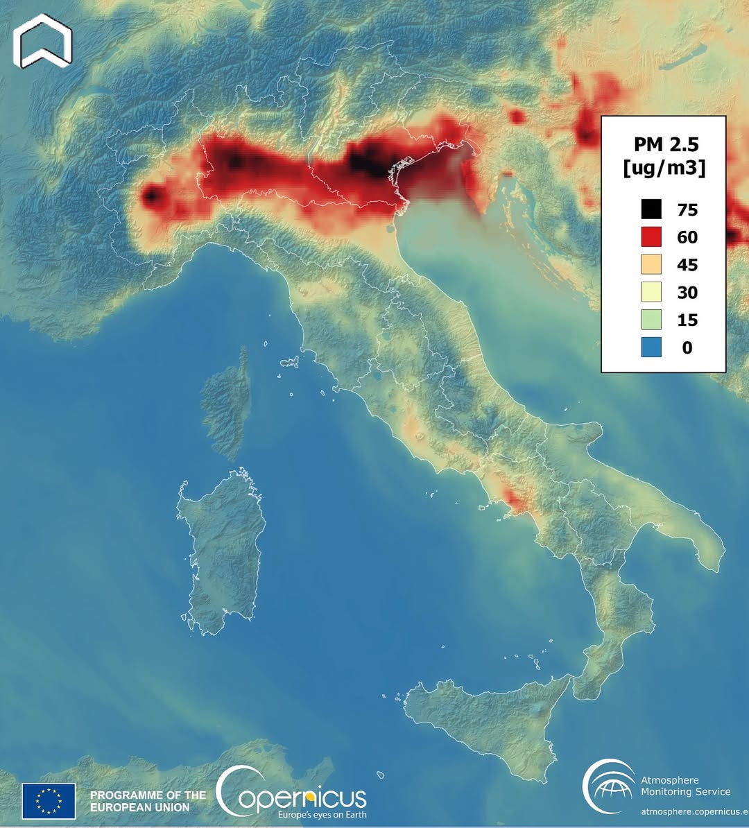 Questa è la situazione attuale dell'Italia a livello di qualità dell'aria. Nella #PianuraPadana - dove vivono circa 20 milioni di persone - oggi ci sono concentrazioni di #polverisottili circa quattro volte superiori al limite giornaliero raccomandato dall’Organizzazione Mondiale