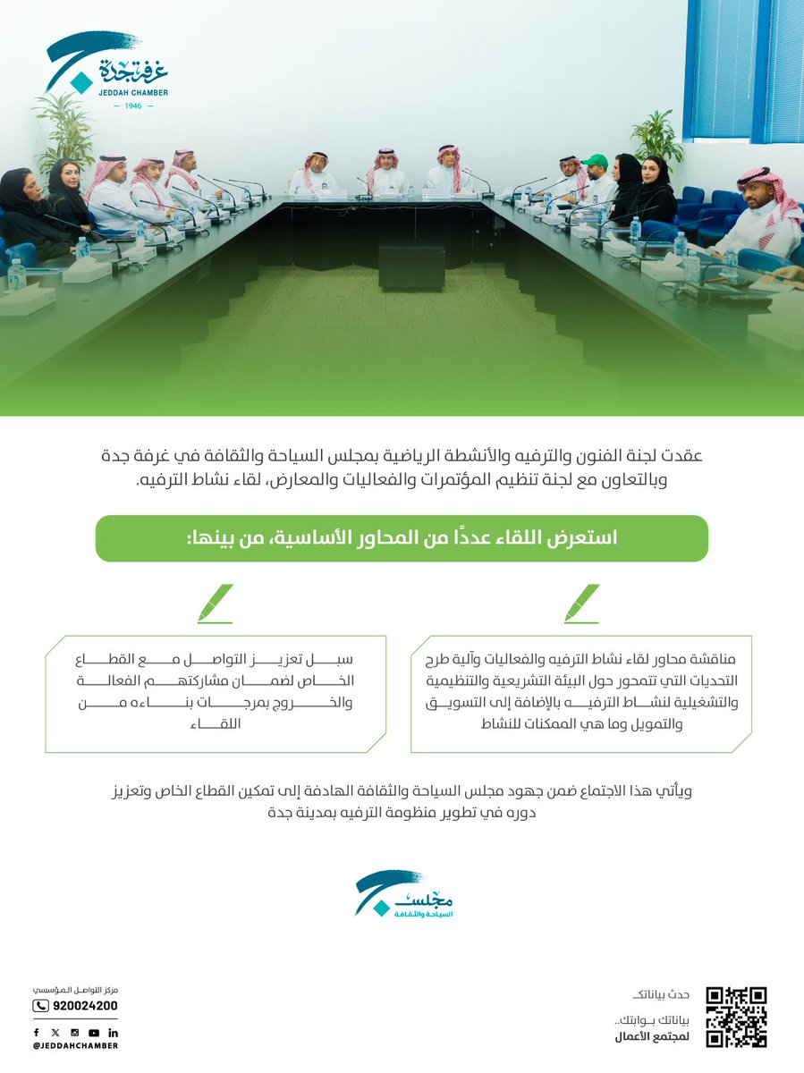 عقدت لجنة الفنون والترفيه والأنشطة الرياضية بـ #مجلس_السياحة_والثقافة في #غرفة_جدة وبالتعاون مع لجنة تنظيم المؤتمرات والفعاليات والمعارض، لقاء نشاط الترفيه.