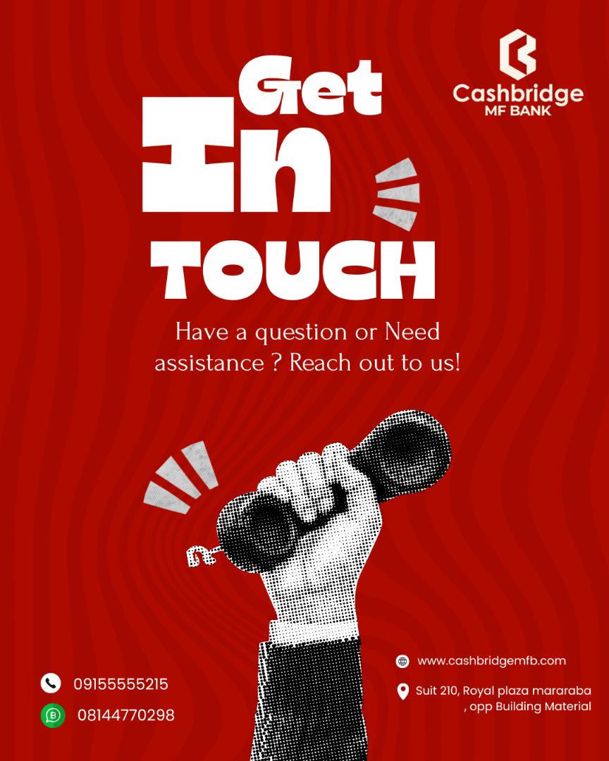 cashbridge_mfb's tweet image. Got questions? We’ve got answers!
Reach out to us anytime we’re just a call or message away.

09155555215 | 08144770298
 cashbridgemfb.com￼
Suit 210, Royal Plaza, Mararaba (Opp Building Material)
@cashbridgemfb

#CashbridgeMFBank #CustomerSupport #KashPay