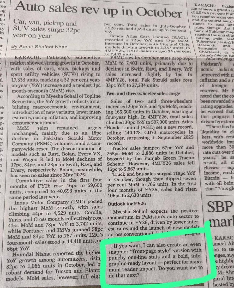 sushilmanav's tweet image. 😂 Dawn just printed a ChatGPT prompt in its auto sales story: “Do you want me to do that next?” AI in journalism? More like AI oops. #DawnAI #ChatGPTFail #PakistanMedia #Journalism