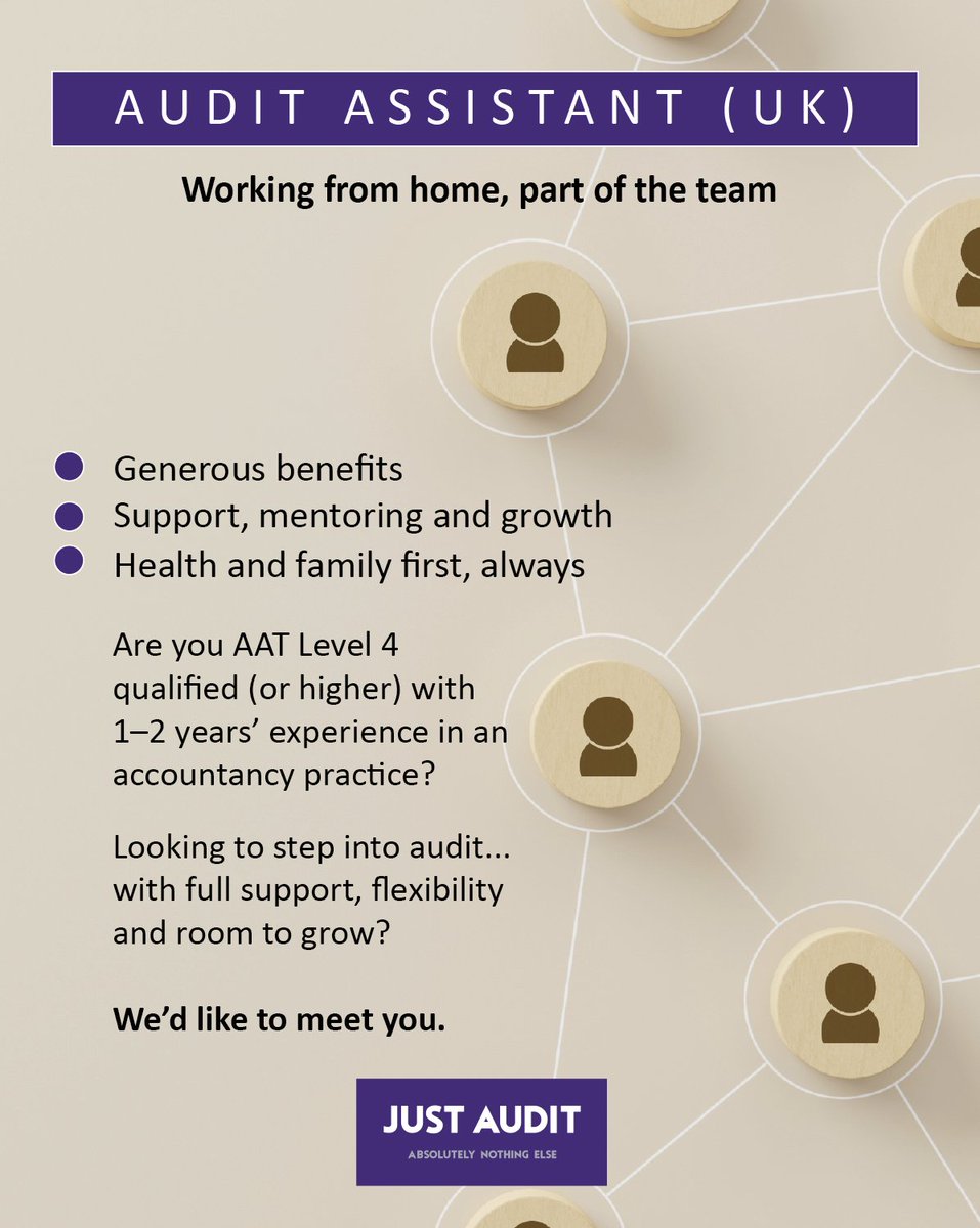 JustAudit's tweet photo. Audit Assistant (UK) • Work from home
AAT level 4 (minimum)

Do you like working from home but also enjoy feeling connected and part of something much bigger? Role information: https://t.co/mw1nDr9vJt
Email your CV and covering letter:
andrew.davis@justaudit.com
#auditcareer https://t.co/8Iz6pdpMvD