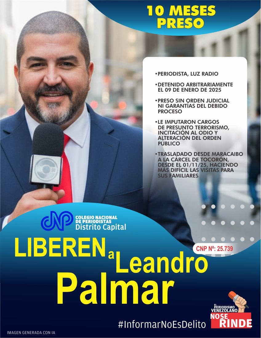 #13Nov El periodista Leandro Palmar cumple 10 MESES DETENIDO ARBITRARIAMENTE desde #Enero2025 
Una injusticia que silencia la verdad.
 10 meses sin garantías de debido proceso. Su detención es un ataque a la #LibertadDeExpresion. Informar NO es delito
#LiberenALeandroPalmar