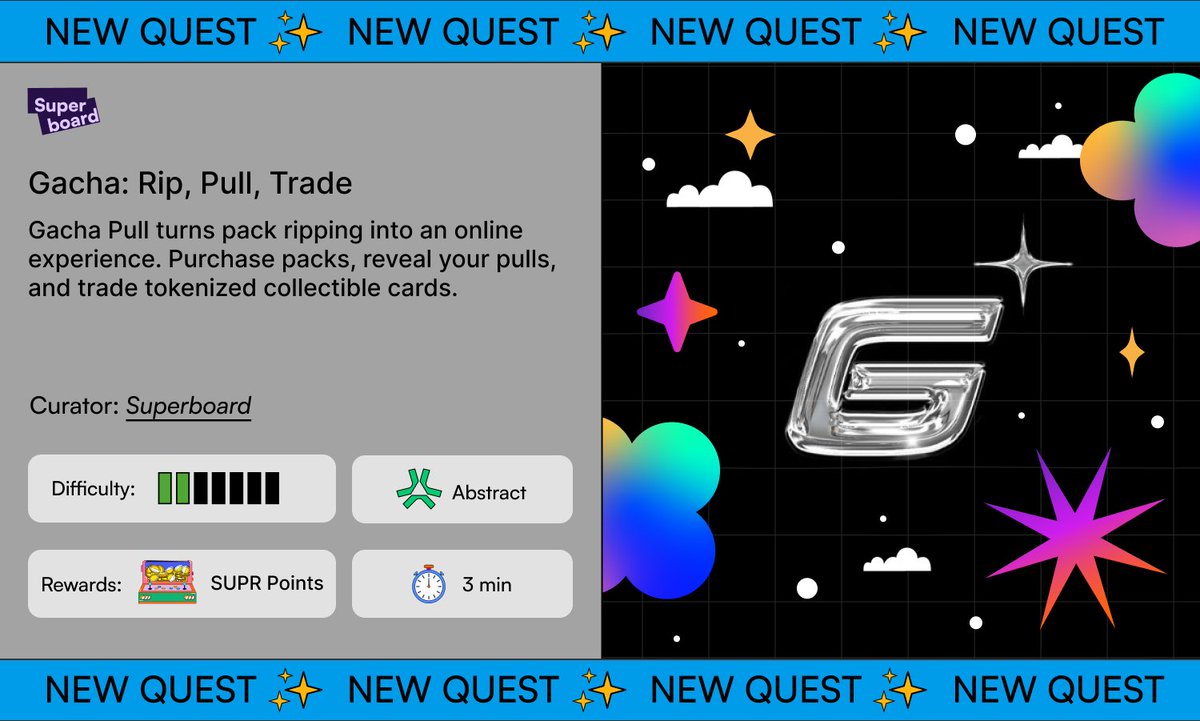 Superboard_'s tweet image. Remember ripping Pokémon packs? ✨

Meet @gacha_game_, bringing IRL pack ripping into on-chain entertainment.

Buy packs, reveal your pulls, and trade tokenized cards.

Start by claiming your Gacha Trainer Card.

Catch ’em all → superboard.xyz/quests/gacha-r…