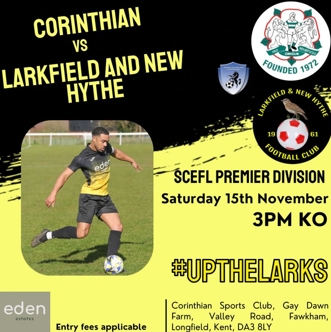 The boys play away on SATURDAY to @corinthian_sportsclub at Corinthian Sports Club, Gay Dawn Farm, Valley Road, Fawkham, Longfield, Kent, DA3 8LY.

3pm KO

At home the clubhouse will be open from 10am for Larkfield Football Club and Larkfield Ladies youth matches and the reserves