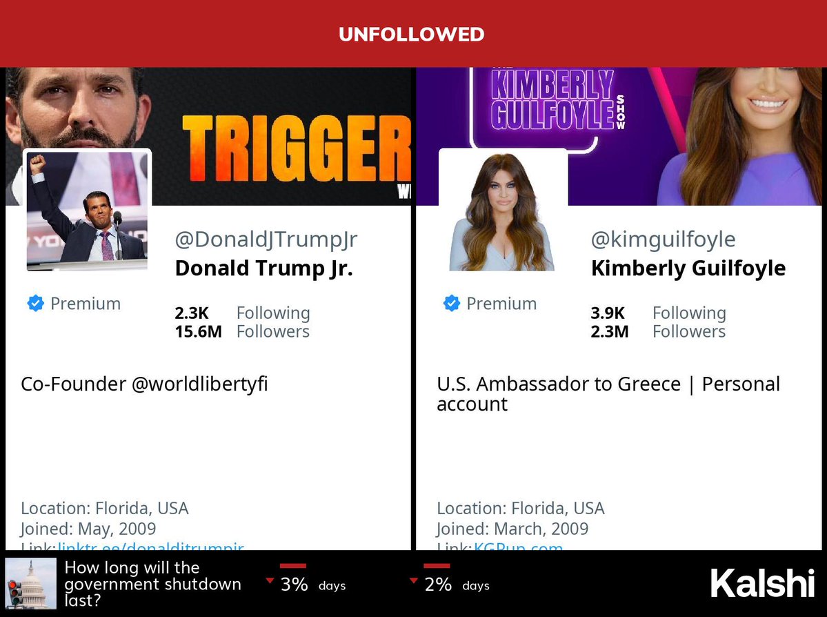 🚫 @donaldjtrumpjr is no longer following <a href="/kimguilfoyle/">Kimberly Guilfoyle</a>