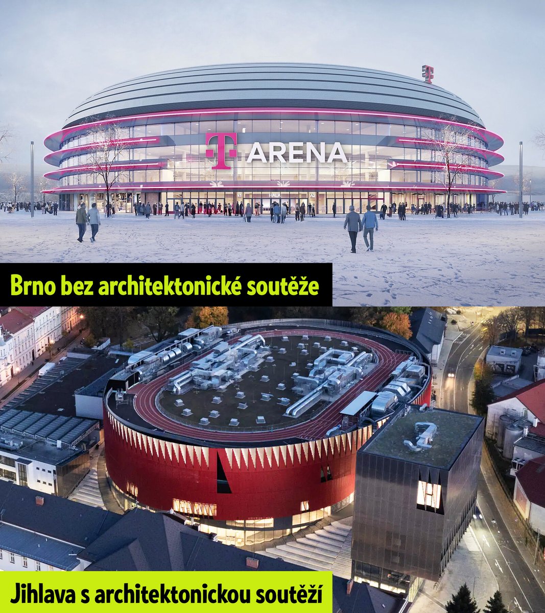 Přátelé, a proto je dobré dělat architektonické soutěže.

Brno bude mít tuctovou kýčovitou reklamní arénu à la devadesátky.

Zatímco Jihlava má už teď uznávanou promyšlenou stavbu s funkční provazbou na město a okolní veřejný prostor. 🙂