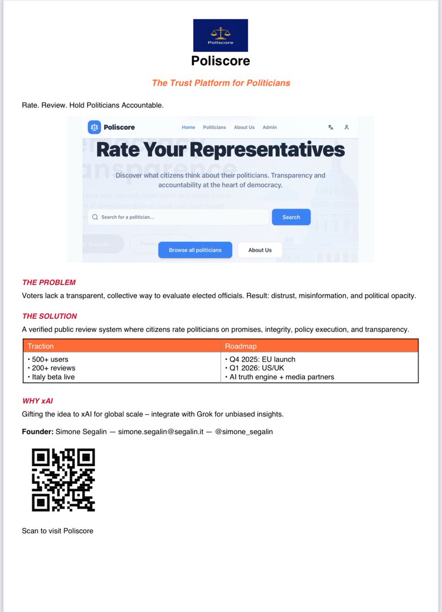simone_segalin's tweet photo. @elonmusk, rate 1-10? DM for demo. Sneakers = fun, Poliscore = change. Scan QR for one-pager! RT for rated pols! #xAI #FreeSpeech https://t.co/EWRC5GeJoh