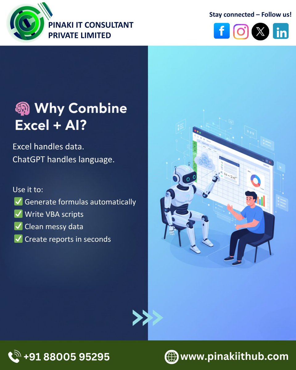 Pinakiithub's tweet image. 🚀 Supercharge Excel with AI — Work Faster, Smarter, and Error-Free! 📊🤖

📞 Call: +91 88005 95295
🌐 Visit: pinakiithub.com

📘 Learn. Automate. Excel — Smarter with AI!
.
.
#ExcelWithAI #ChatGPTforExcel #AdvancedExcel #DataAutomation #AIProductivity #ExcelTips