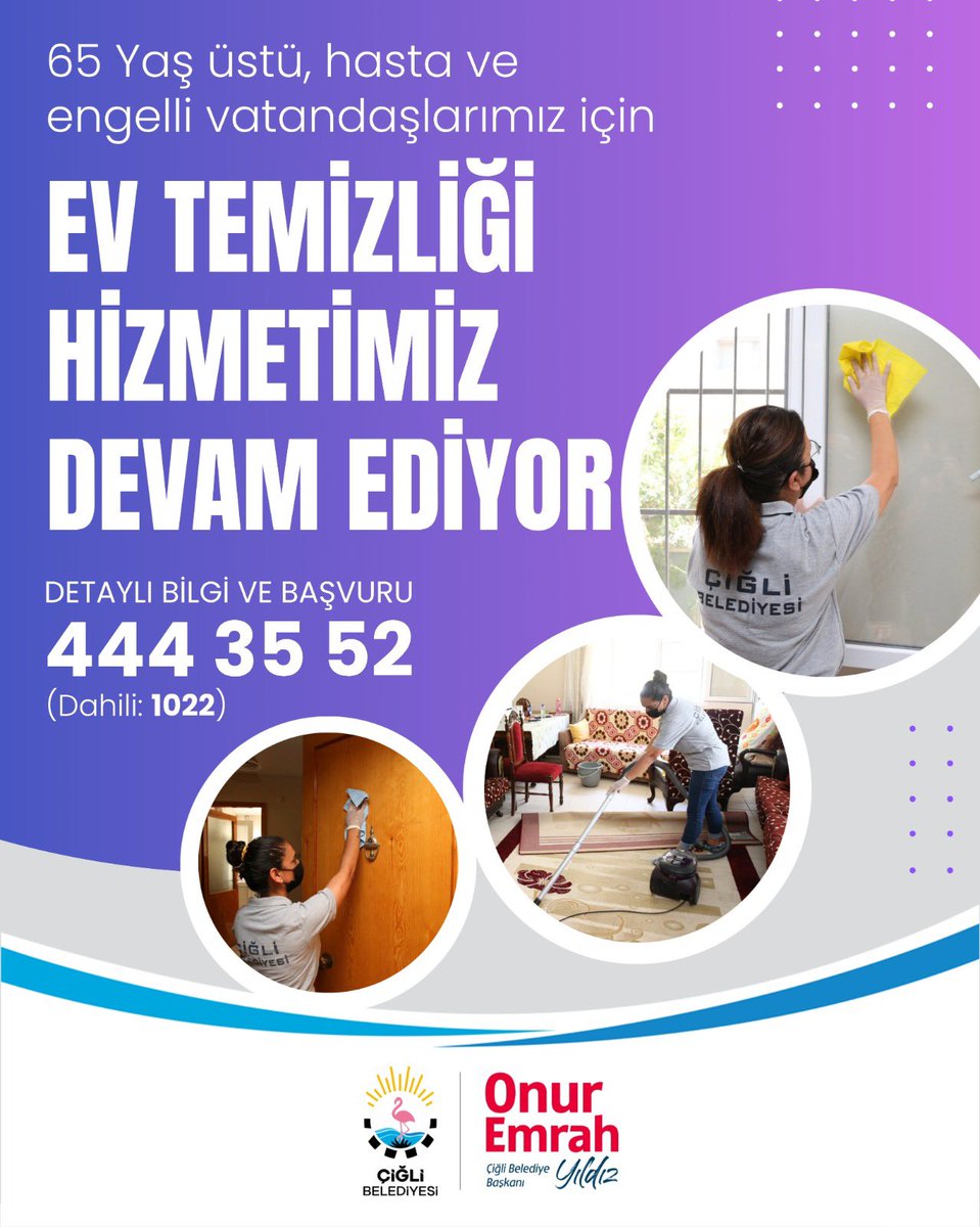 Değerli komşularımızın yanındayız. 💙

65 yaş üstü, hasta ve engelli vatandaşlarımızın hayatını kolaylaştırmak için ev temizliği hizmetimiz aralıksız devam ediyor.

Temiz ve sağlıklı bir yaşam alanı için biz buradayız.

Detaylı bilgi ve başvuru için: 
☎️ 444 35 52