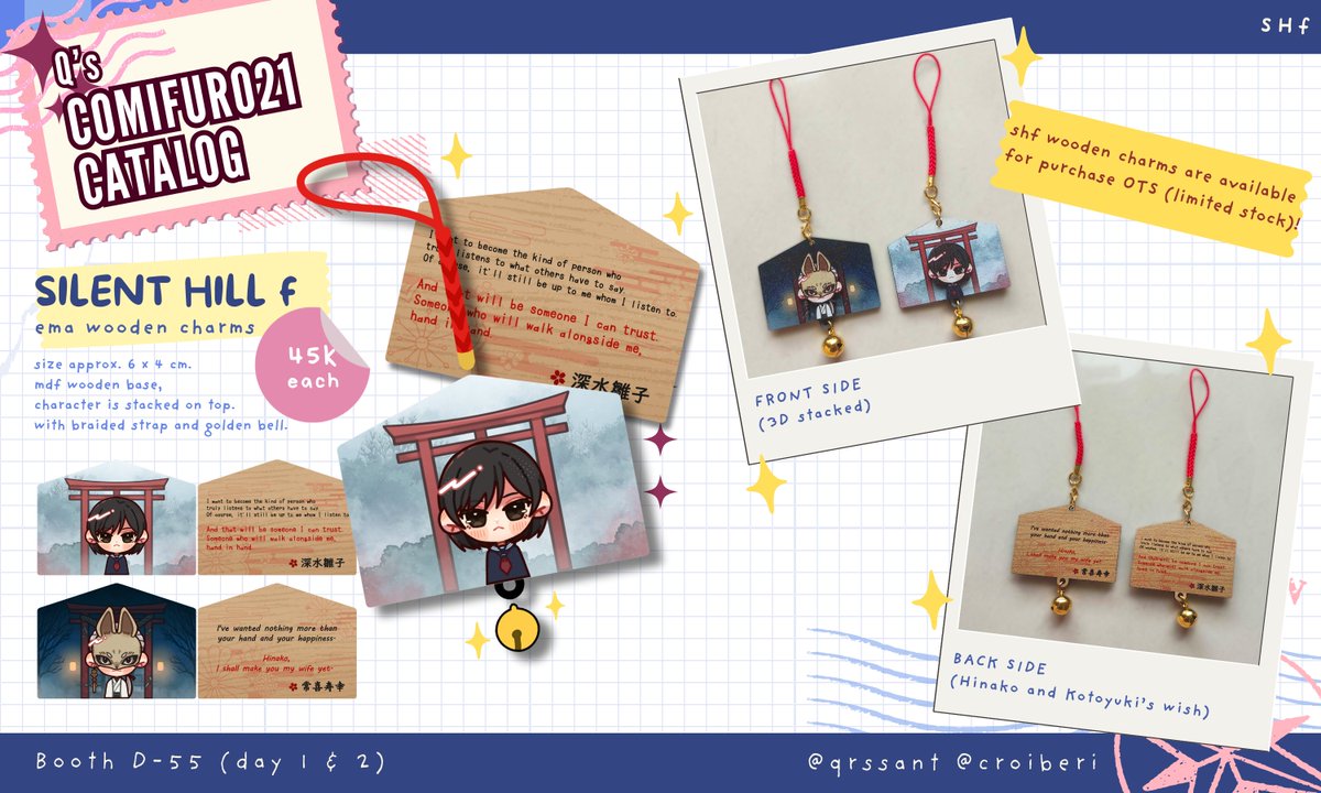 qrssant's tweet image. ✨ A QUICK UPDATE FOR SILENT HILL F WOODEN CHARMS! ✨

the wooden charms have just arrived today and i managed to work on them! 🥹
so they&apos;re available for purchase OTS in limited stock!

(i also put the sample images! please check it out!)

#comifuro21 #CF21