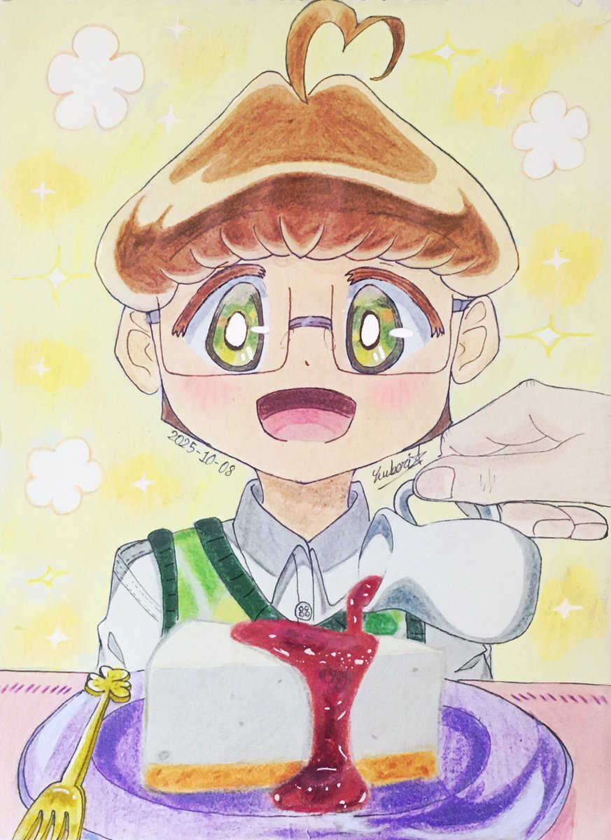 ＃一次創作 #オリキャライラスト　#OriginalCharacter #OC 
孤独先生がくれたレアチーズケーキが美味しそうでたまらない愛川ミドリくん☘️