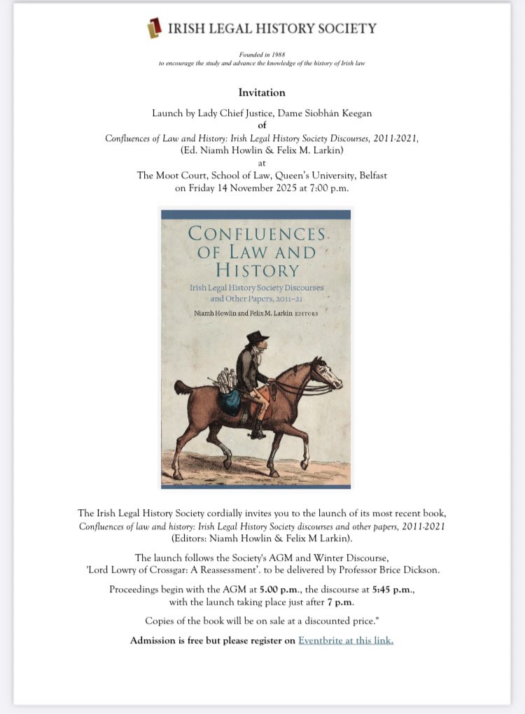 <a href="/IrLegalHist/">Irish Legal History</a> is a cross-border society, and so tomorrow we have another launch of this book, Confluences of Law and History, in Belfast in conjunction with the ILHS AGM and winter discourse. <a href="/FourCourtsPress/">Four Courts Press</a>  <a href="/QUBelfast/">Queen's University Belfast 🎓</a> <a href="/HAPPatQUB/">HAPP at Queen's</a>  <a href="/qubschooloflaw/">QUB School of Law</a>