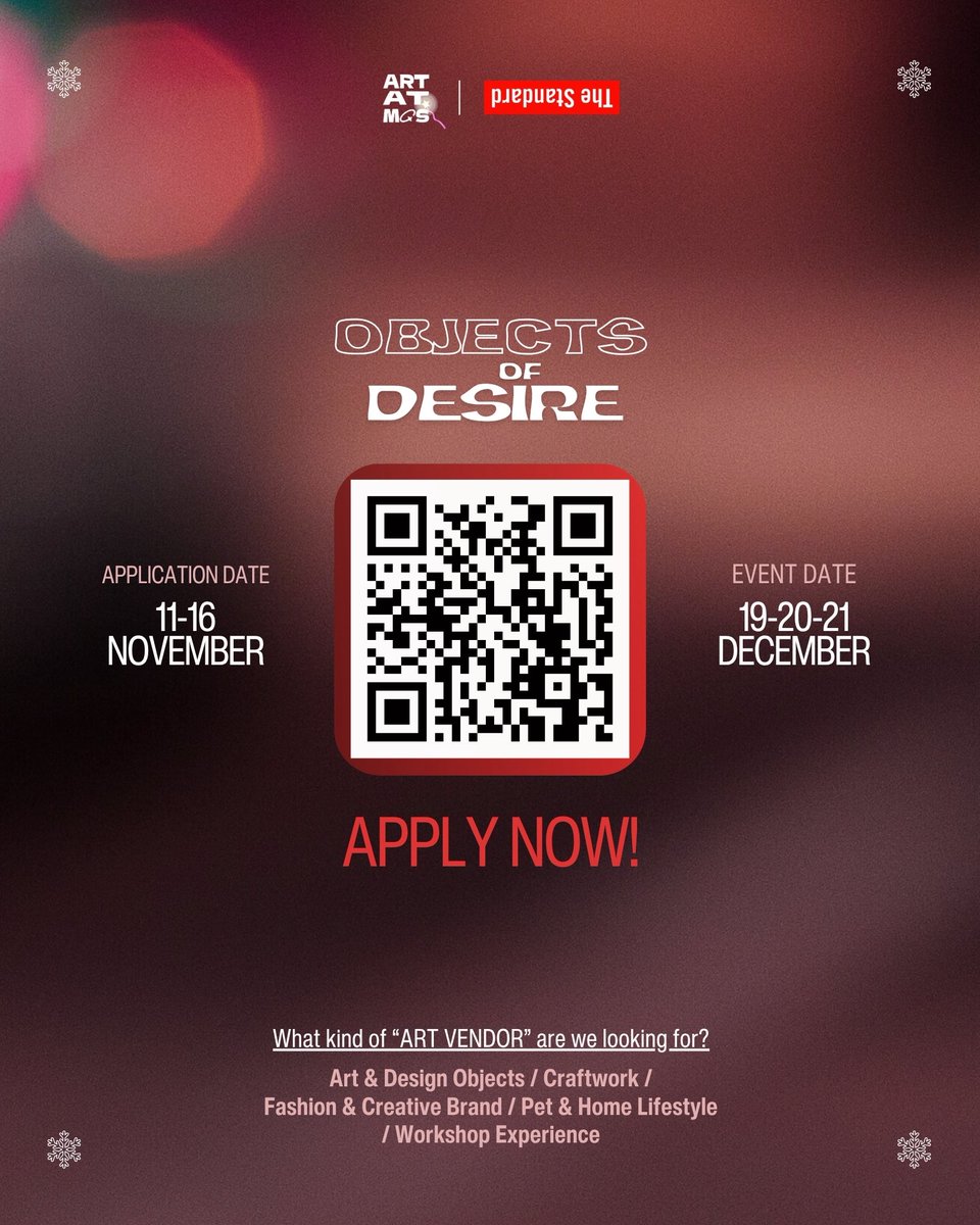 19-21 ธันวาคมนี้ ตลาดคริสต์มาสและ Art Festival ครั้งแรกที่โรงแรม The Standard, Bangkok Mahanakhon เตรียมตัวมาพบกัน 🎄 ส่วนใครสนใจออกบูธงานร้านค้าศิลปะด้วยกัน สมัครได้ตามภาพเลยนะค้าบ #ObjectsOfDesire #ARTATMOS