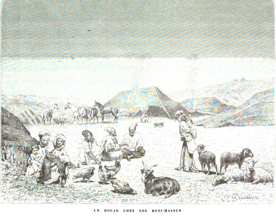 رسم نادر لخيام عرب بنو معقل البدو ( فرع ذوي منصور / قبيلة بنو حسن ) ، تعود للايطالي Edmondo de Amicis  من سنة 1878 م ، غرب المغرب 🇲🇦