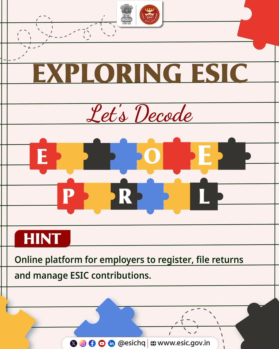 EsicHospitalkkd's tweet image. Exploring ESIC, Let’s Decode!  Put your knowledge to the test, guess the word and discover more.   Hint: Online platform for employers to register, file returns and manage ESIC contributions.   #ESIC #LetsDecode #ESICPuzzle #Puzzle