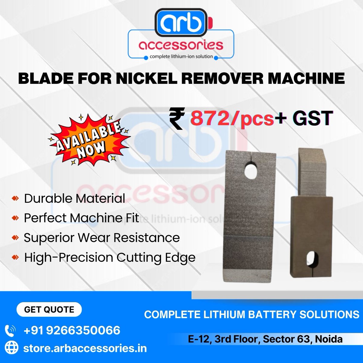 arb_ltd's tweet image. ⚙️ Nickel Remover Machine ⚙️

🔧 Cell Nickel Remover Machine – Efficiently removes nickel 
🔪 Blade for Nickel Remover Machine – replacement for precise cutting
🪛 Handle Rod for Nickel Remover – Strong grip 

🛒 Buy Now:
store.arbaccessories.in/category/nicke…

#Arbaccessories #BatteryTools